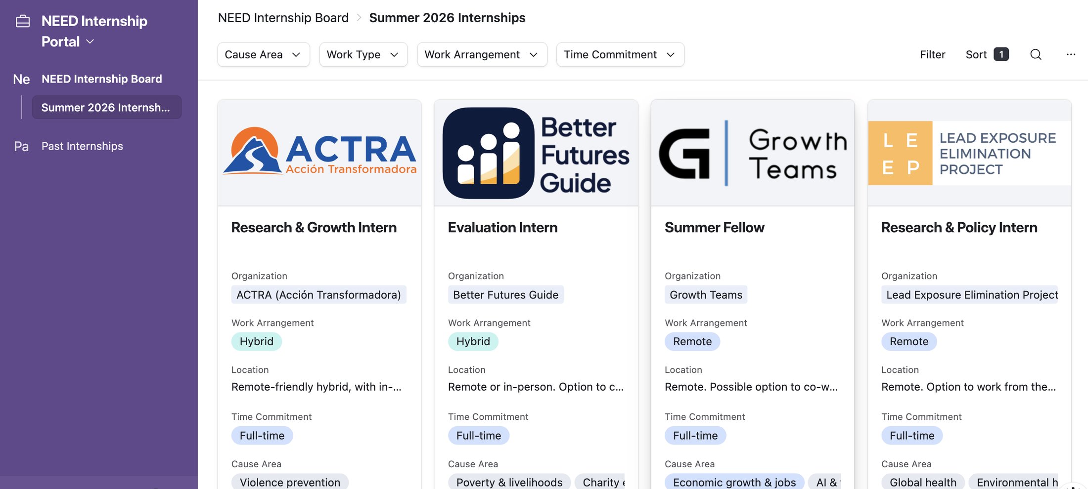 Preview of the NEED internship board in Airtable, showing Summer 2026 internship cards with organization, work arrangement, location, time commitment and cause area.